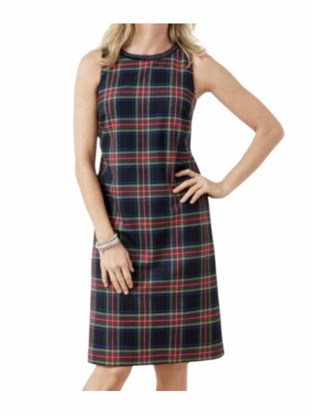 Talbots Sleeveless Plaid Shift Dress in Black and Red